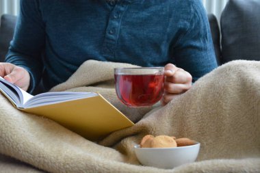 Genç bir adam bir kanepe üzerinde oturuyor ve el ve bisküvi onun yanında stand bir cam bardak bir meyve çayı tutarken bir kitap okuma-kitap ve cam fincan çay dolu-kavramı ısınmak için
