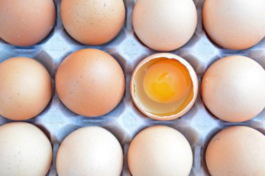 Otuzlu bir petek yumurta birkaç yumurta yatıyordu, bir açık ve yumurta sarısı görünür-bir yumurta kutunun geri kalanı farklıdır çünkü kırık-yumurta ile bireysel diyet kavramı