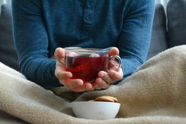Genç bir adam bir kanepe üzerinde oturuyor ve el ve bisküvi onun yanında stand bir cam bardak bir meyve çayı tutarken bir kitap okuma-kitap ve cam fincan çay dolu-kavramı ısınmak için