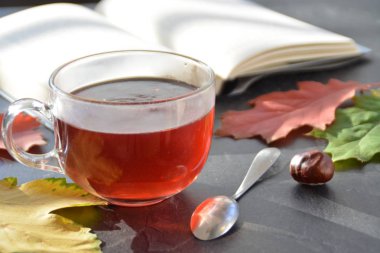 Kestane ile bir otumnal ayarı önünde bir bardak çay dökme, renkli sonbahar yaprakları ve bir kitap içme çayı sonbahar ayarı bir bardak çay sembolize soğuk kış günlerinde ısınmak için