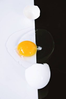 Yumurta akı ile çevrili bozulmamış yumurta sarısı ile açık bir yumurta yarım siyah yarım beyaz arka plan yatıyor - siyah ve beyaz ve bir yumurta ile kavram 