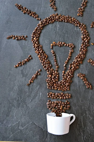 Light Bulb Comes Out White Coffee Cup Concept Coffee Beans — Stock Photo, Image