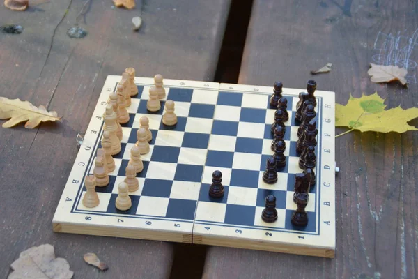 Ett Schackbräde Med Schackpjäser Står Ett Träbord Höst Skogen Med — Stockfoto