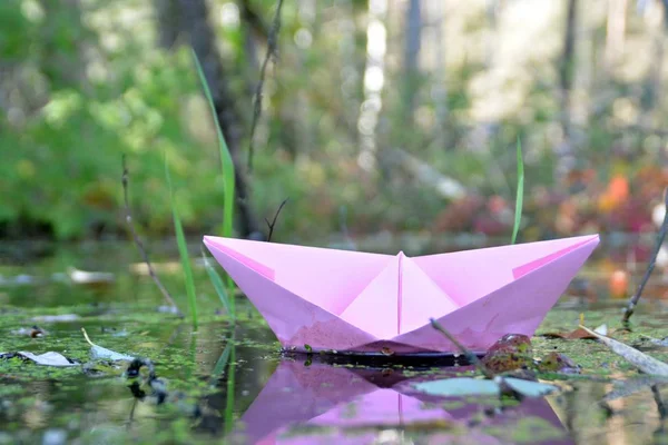 Papier Schip Drijft Tussen Herfst Bladeren Een Laag Stromend Water — Stockfoto