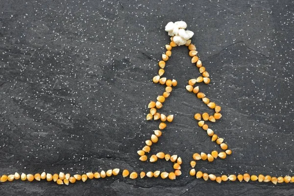Popcorn Corn Shapes Christmas Tree Dark Background Popcorn Snowflakes Concept — Stock Photo, Image