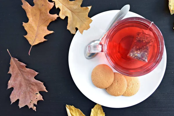 Ustawienie Autumnal Herbatą Ciemnym Tle Teabag Herbaty Owocowe Pływające Szklance — Zdjęcie stockowe