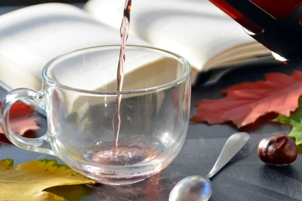 Verter Vaso Frente Ambiente Otoñal Con Castañas Hojas Coloridas Otoño — Foto de Stock