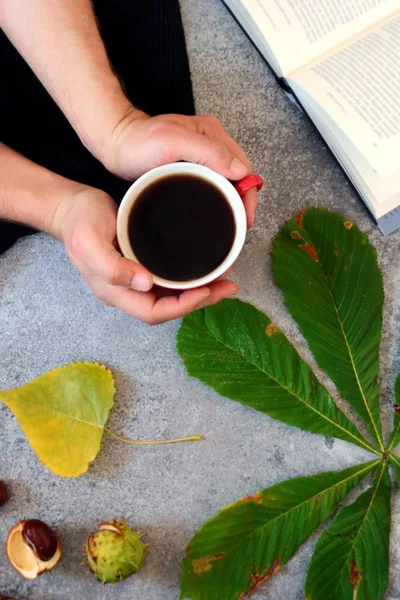 Closeup Hands Embracing Cup Full Coffee Scarf Colorful Autumn Leaves — Stock Photo, Image