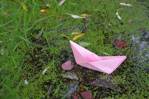 Barco Papel Auto Dobrado Flutua Chão Outono Uma Poça Acumulada — Fotografia de Stock