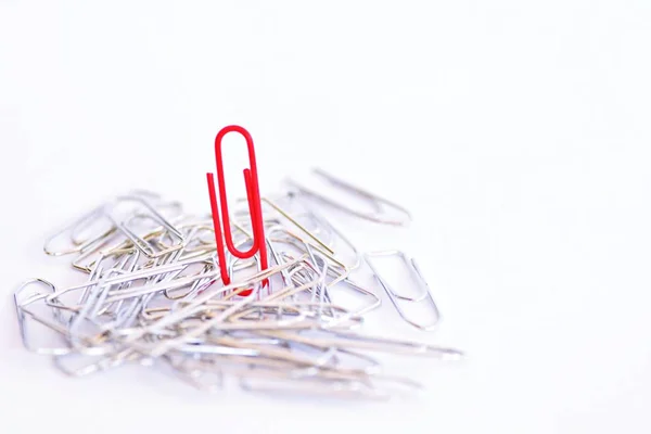 A red paperclip stands in a heap of silver nondescript paper clips - Abstract and symbolic representation of an individual in business life setting himself apart from others