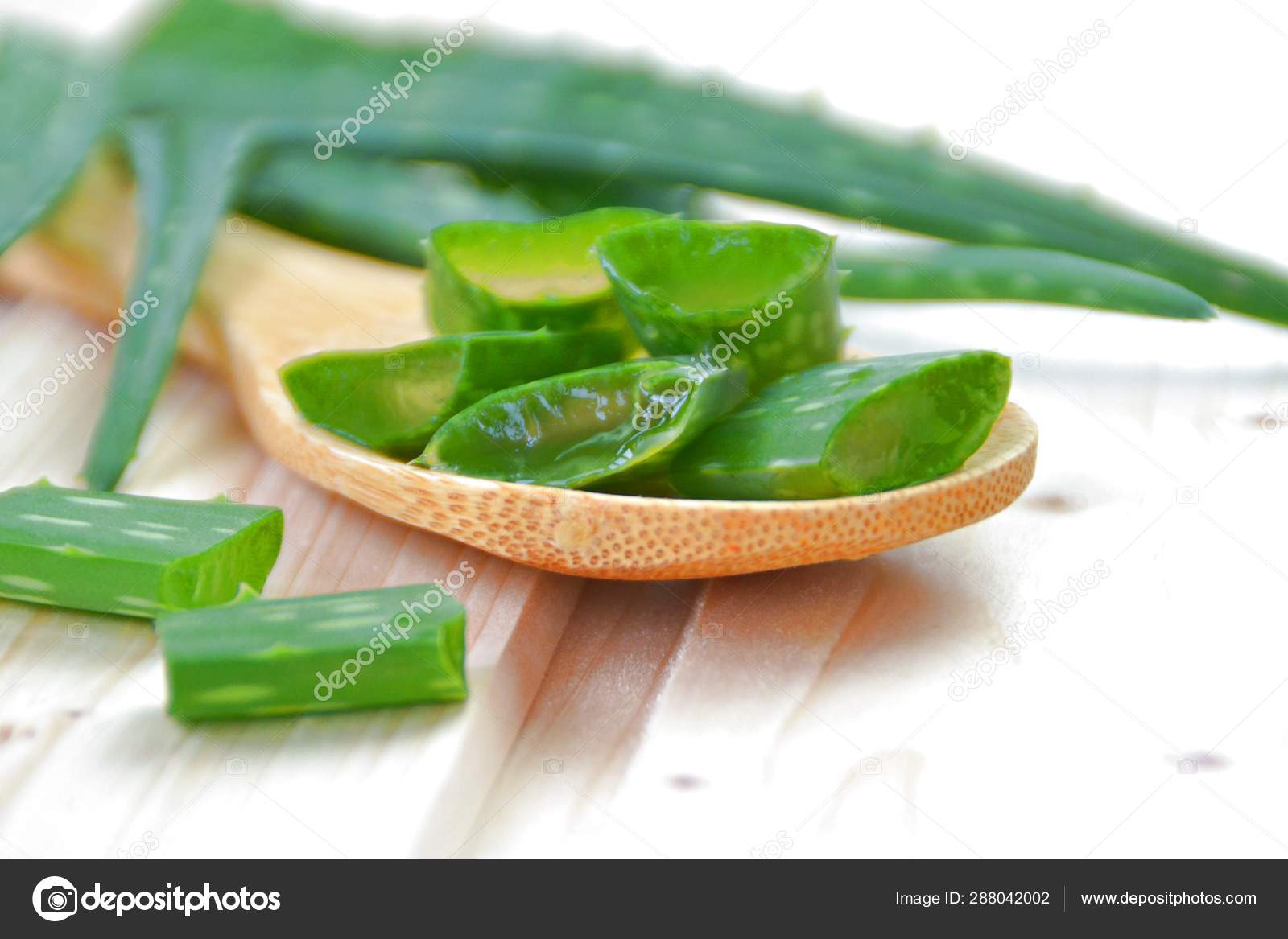 Aloe Vera Plant Cut Small Strips Wooden Cooking Spoon Lies Stock