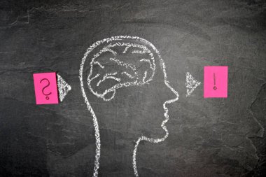 Düşünce süreci için bir kavramı ve sembolü olarak karanlık bir taş yüzey üzerinde tebeşir ile çizilmiş bir kafa silüeti ve yaratıcılık ve problem çözme unfolding için beyin fırtınası 