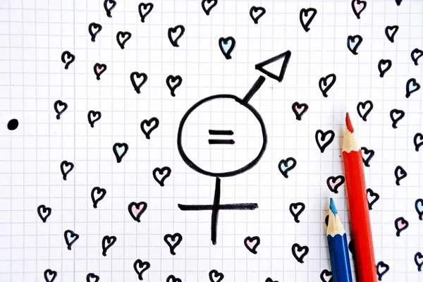 A sign for the equality of man and woman consisting of the respective gender signs and a same with partly painted hearts on a drawn sheet drawn - equality man and woman symbolically represented