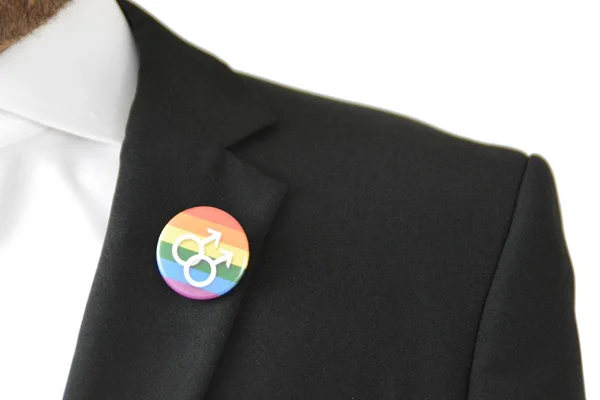 Man His Mid Twenties Wears Button Symbol Transgender His Suit — Stock Photo, Image