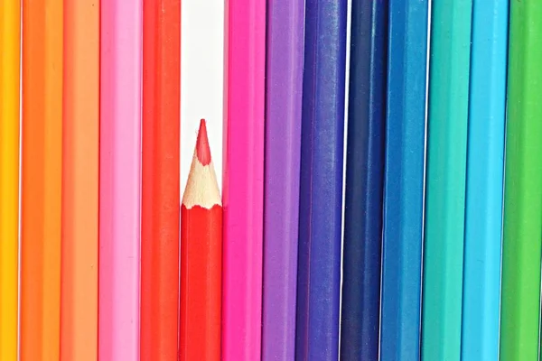 Eine Reihe Bleistifte Vor Weißem Hintergrund Ein Roter Bleistift Weicht — Stockfoto