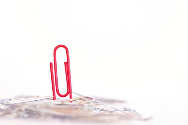 Ένας Κόκκινος Συνδετήρας Στέκεται Ένα Σωρό Από Ασημένιους Συνδετήρες Αφηρημένη — Φωτογραφία Αρχείου