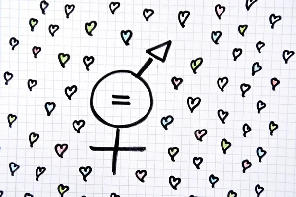 A sign for the equality of man and woman consisting of the respective gender signs and a same with partly painted hearts on a drawn sheet drawn - equality man and woman symbolically represented