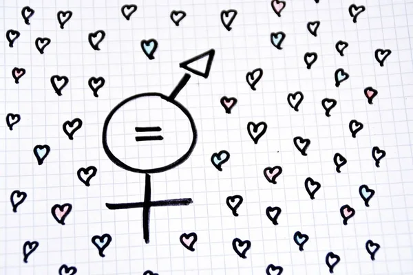 A sign for the equality of man and woman consisting of the respective gender signs and a same with partly painted hearts on a drawn sheet drawn - equality man and woman symbolically represented