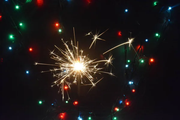 Sparkler Night Front Colored Lights New Year Eve Sparkler Burns — Stock Photo, Image