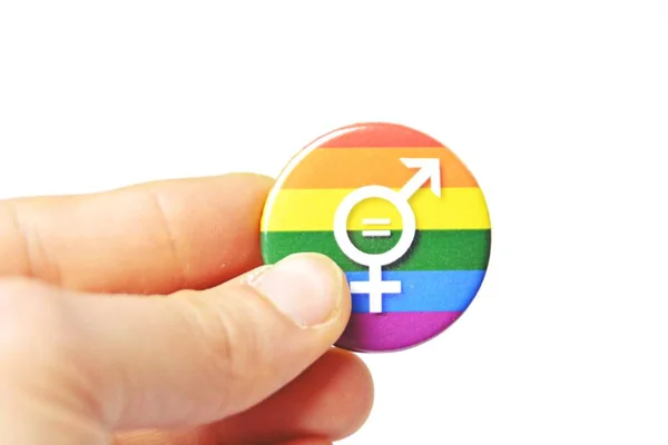Tlačítko Znakem Pro Transsexualitu Leží Bílém Pozadí — Stock fotografie