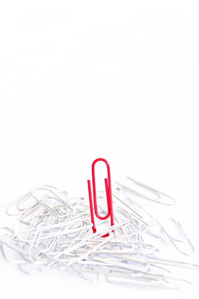 A red paperclip stands in a heap of silver nondescript paper clips - Abstract and symbolic representation of an individual in business life setting himself apart from others