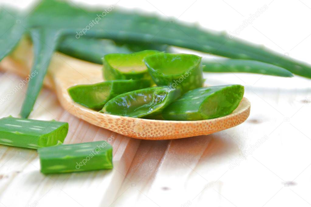 An aloe vera plant is cut into small strips on a wooden cooking spoon. This lies on a light wooden surface. Strong contrast with green aloe vera and light wood 