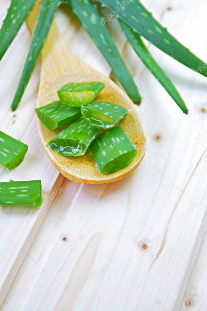 An aloe vera plant is cut into small strips on a wooden cooking spoon. This lies on a light wooden surface. Strong contrast with green aloe vera and light wood 