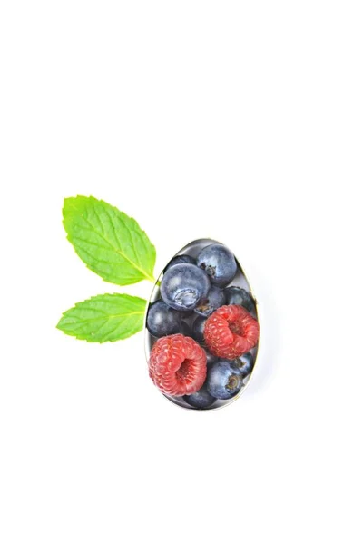 Cookie Cutter Filled Blueberries Raspberries Front White Background Mint Leaves — Stock Photo, Image