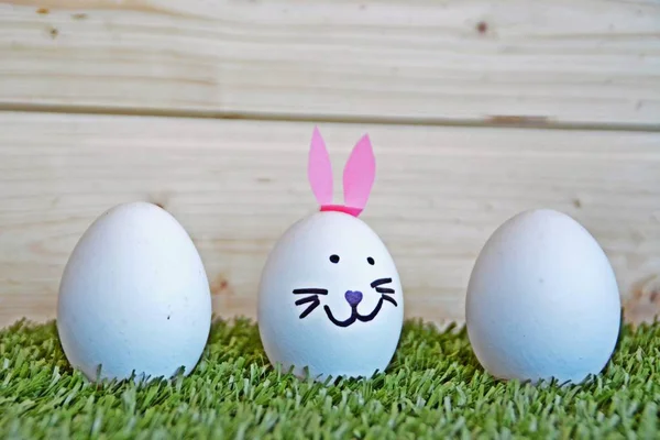 Eier Mit Hasengesicht Bemalt Und Hasenohren Geklebt Liegen Auf Einer — Stockfoto