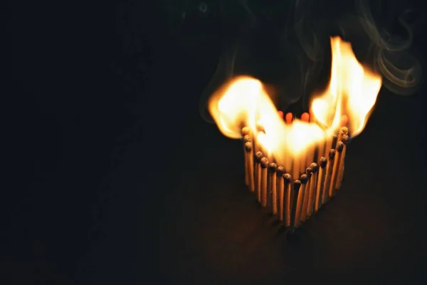 Matches Stick Dark Area Have Shape Heart Burn Bright Flame — Stock Photo, Image