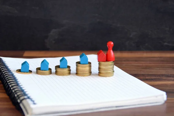 coins are stacked at different heights, resulting in a rising ear. On each pile stands a house, symbolizing the financing of houses and a play figure - with room for text