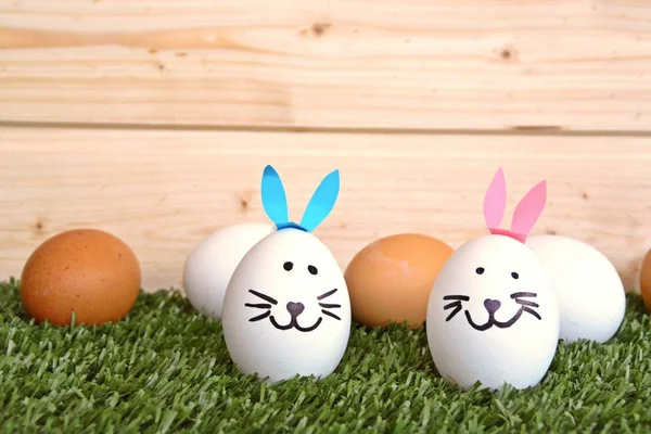 Two white eggs with funny faces drawn on it lie on a lawn with a higher background and other brown and white eggs behind it