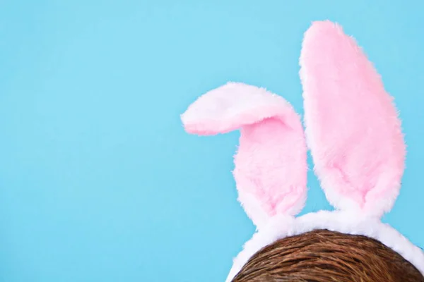 Man Wears Headband Fluffy Bunny Ears Front One Colored Background — Stock Photo, Image