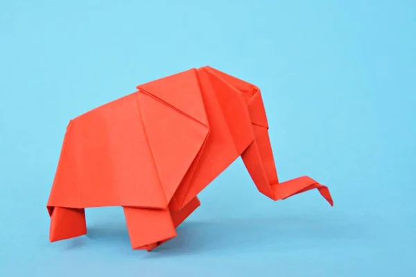 Origami Elephant Folded Red Paper Light Blue Background — Stock Photo, Image