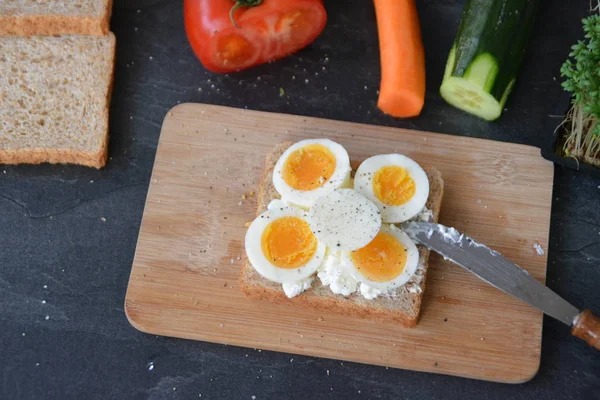 Wholegrain Toast Coarse Grained Cream Cheese Boiled Egg Lies Wooden — Stock Photo, Image