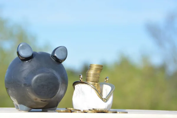 A piggy bank stands on a space next to a purse of saved coins, which stack up to give a tall tower - concept of saving with space for text or other elements