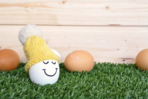 A white egg with a funny face on it lies on a lawn with a higher background and other brown and white eggs behind it