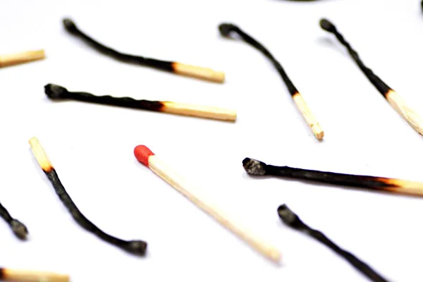 Closeup View Many Burnt Matches White Background — Stock Photo, Image