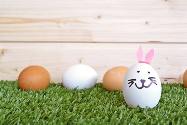 A white egg with a funny face on it lies on a lawn with a higher background and other brown and white eggs behind it