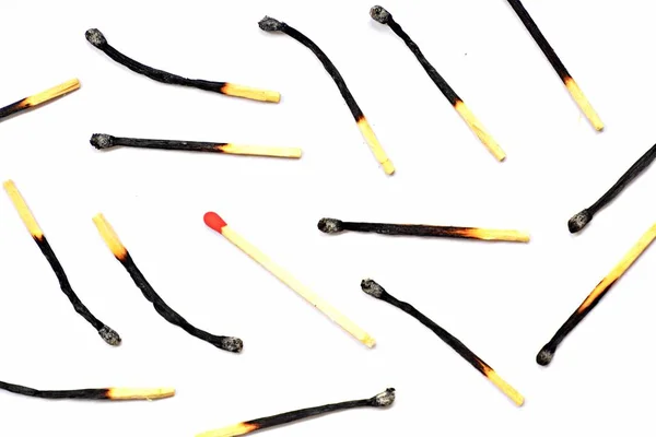 Closeup View Many Burnt Matches White Background — Stock Photo, Image