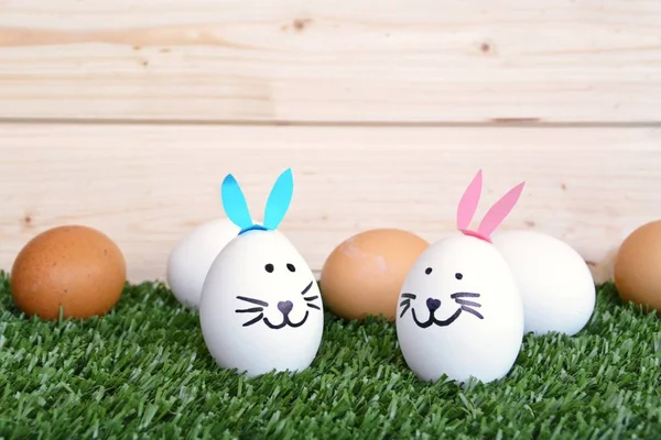 그것에 그려진 재미있는 얼굴을 달걀은 배경과 갈색과 계란이있는 잔디밭에 있습니다 — 스톡 사진