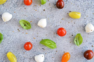 Taze domates ve lezzetli fesleğen ile arka plan - farklı çeşitli ve renk küçük domates fesleğen yaprakları ve küçük mozzarella topları ile birlikte, gri mermer yüzey üzerinde yalan 