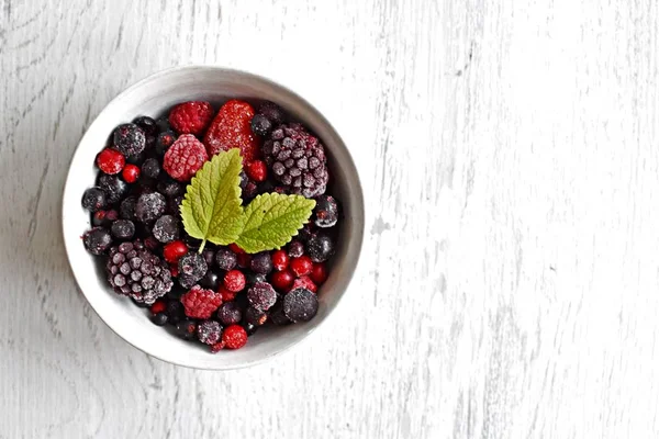 Bright Surface Bowl Full Frozen Wild Berries Next Room Text — Stock Photo, Image