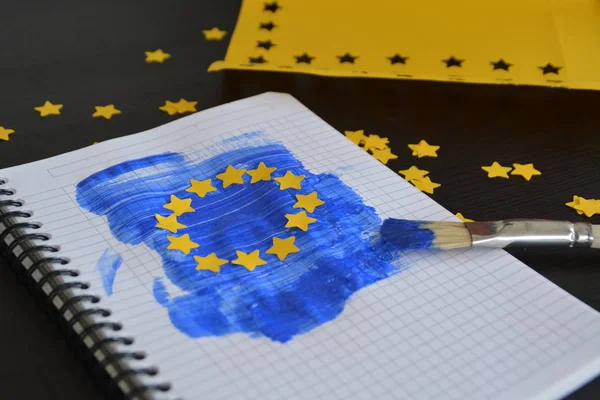 Brush Blue Paint Well Punched Out Yellow Paper Stars Flag — Stock Photo, Image