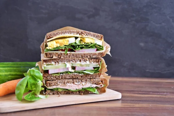 Various Sandwiches Sunflower Seed Bread Cheese Sausage Egg Salad Healthy — Stock Photo, Image