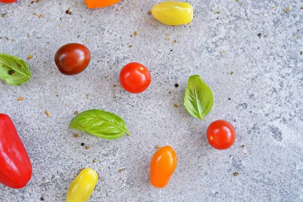 Los Tomates Pequeños Encuentran Junto Con Pimienta Pequeña Las Hojas — Foto de Stock