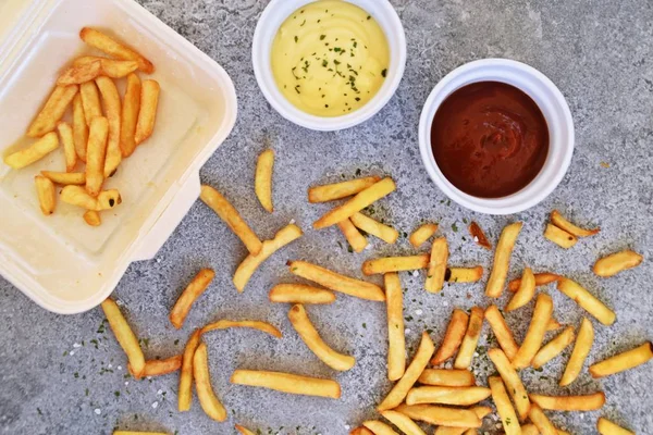 Crispy Fried Fries Sea Salt Grains French Fries Spice — Stock Photo, Image