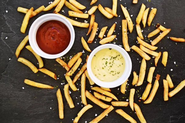 Fresh Potato Fries Golden Yellow Fried Bowl Full Ketchup Dark — Stock Photo, Image