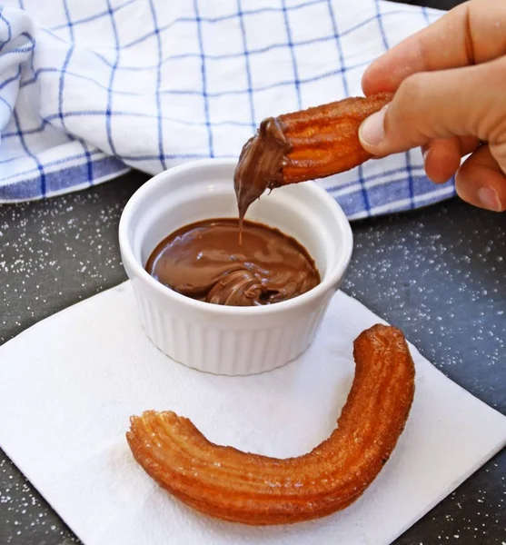 Churro Rond Délicieux Aliments Sucrés Pour Petit Déjeuner Dans Après — Photo