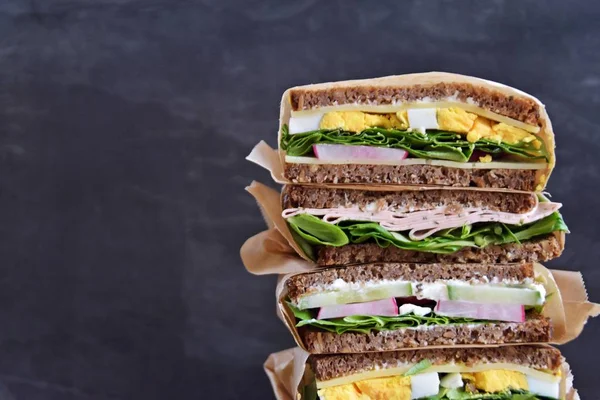 Various Sandwiches Sunflower Seed Bread Cheese Sausage Egg Salad Healthy — Stock Photo, Image